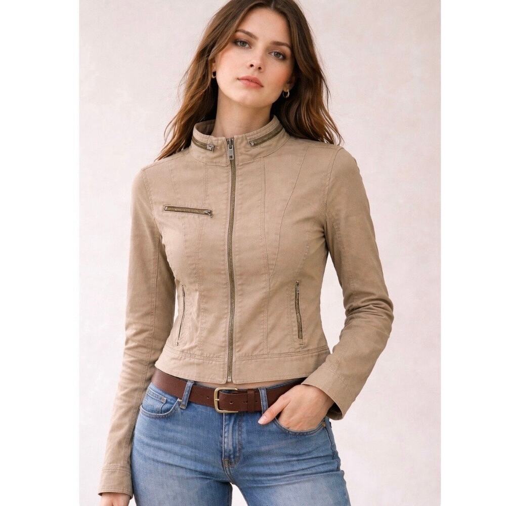 Y2K Express Khaki Moto Jacket Size 4 Stretch Cotton Fitted Cropped Zip